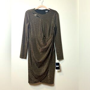 Bronze / brown DKNY shimmer slinky dress with decorative shoulder slit